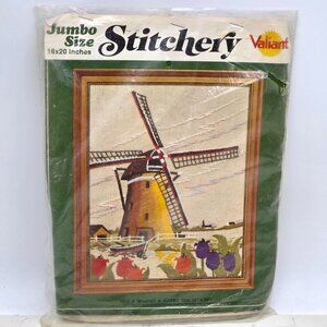 Vintage Windmill Crewel Embroidery Kit Dutch Tulips Jumbo 16x20 Valiant 7625 USA